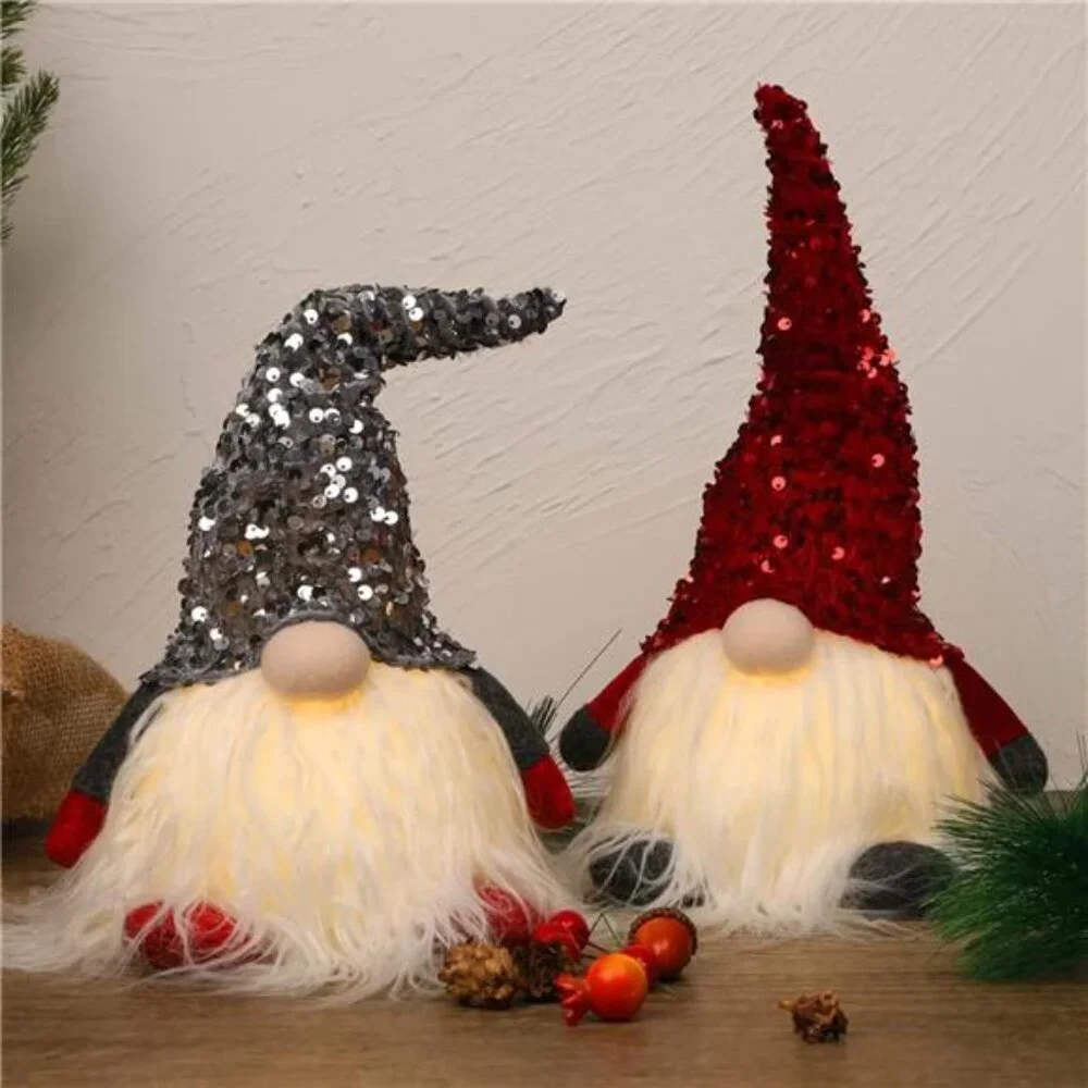 Lighted Christmas Gnome Set Scandinavian Tomte Plush Elf Tabletop Holiday Decor